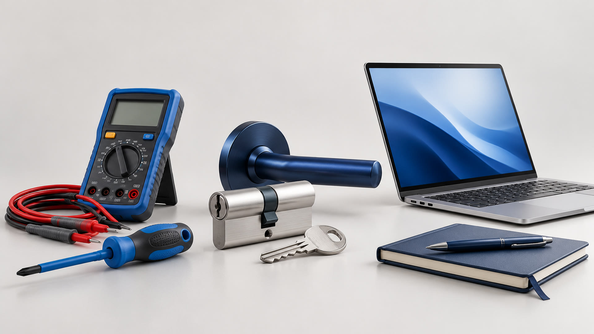 Electrical tools, a door lock and a laptop representing Local Tech Man services